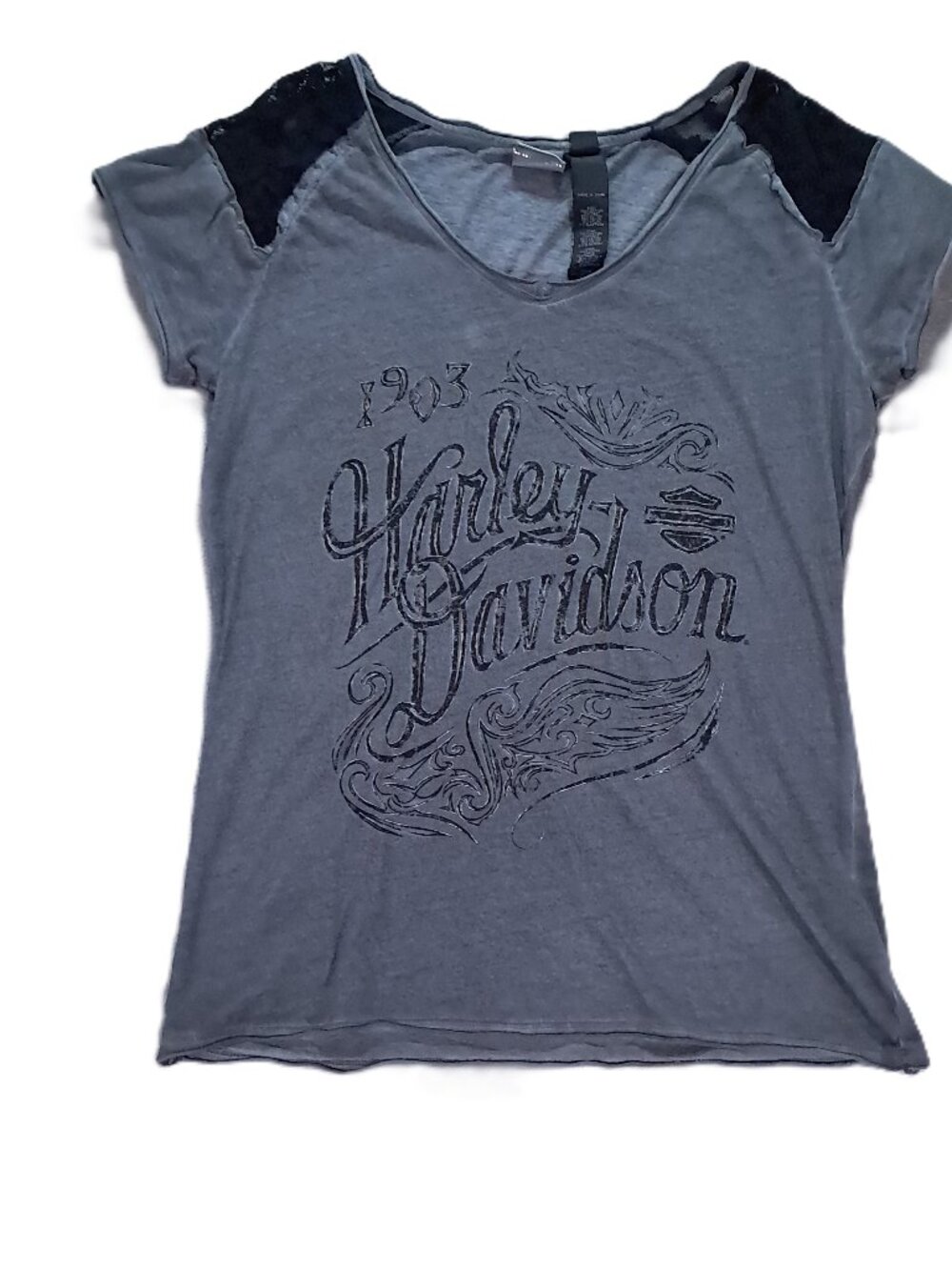 Harley Davidson Shirt Women Large Gray Lace Short Sleeve Scoop Neck Lightweight